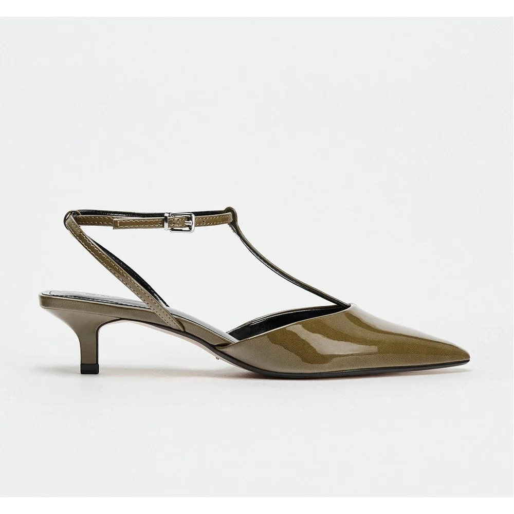 Zara Olive Green Pointed Toe T-Strap Slingback Heels NWT - Picture 12 of 16